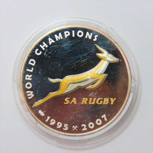 1995-2007 SA Rugby World Champions 2 oz fine silver medallion - Capsule damaged