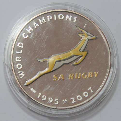 1995-2007 SA Rugby World Champions 2 oz fine silver medallion - Capsule damaged