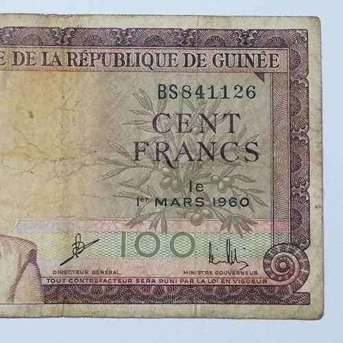 1960 Central bank of Guinea 100 Francs banknote - 1 March 1960 - left lower corner torn off