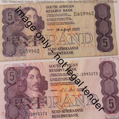 Lot of 5 different South Africa banknotes - de Jongh, de Kock and Stals
