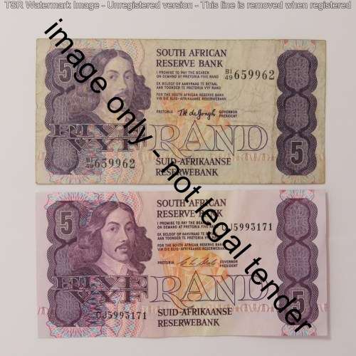 Lot of 5 different South Africa banknotes - de Jongh, de Kock and Stals