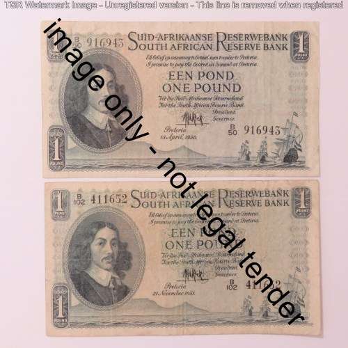 MH de Kock 2nd issue one pound lot of 4 notes - 1948, 1949, 1950, 1951