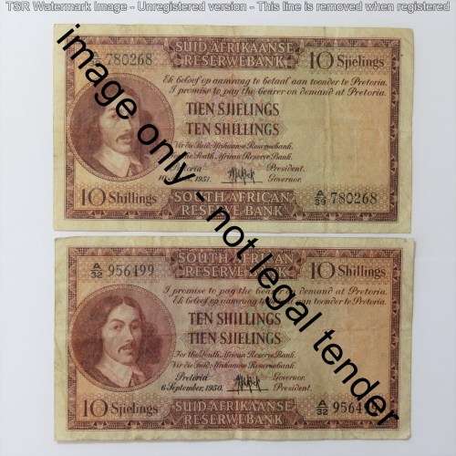 MH de Kock 3rd issue Ten Shillings lot of 6 notes - 1954, 1955, 1956, 1957, 1958, 1959