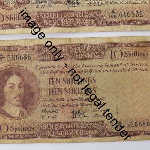 MH de Kock 3rd issue Ten Shillings lot of 6 notes - 1954, 1955, 1956, 1957, 1958, 1959