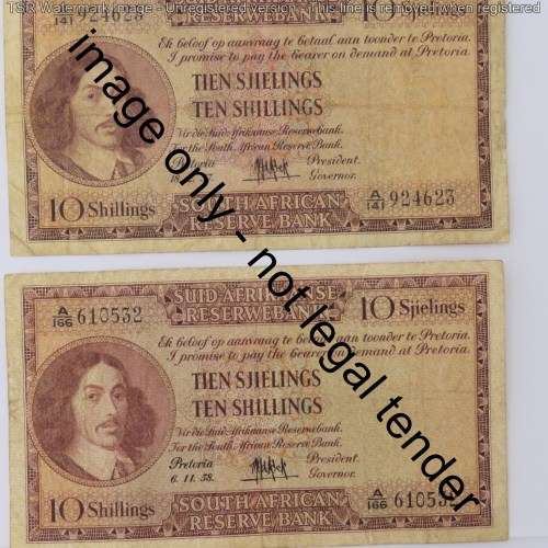 MH de Kock 3rd issue Ten Shillings lot of 6 notes - 1954, 1955, 1956, 1957, 1958, 1959