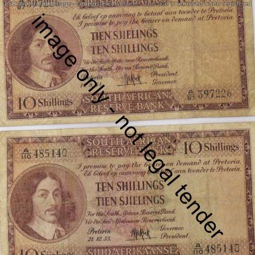 MH de Kock 3rd issue Ten Shillings lot of 6 notes - 1954, 1955, 1956, 1957, 1958, 1959