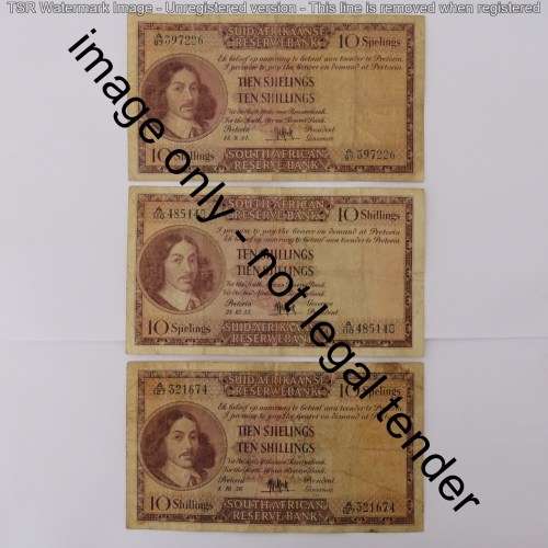 MH de Kock 3rd issue Ten Shillings lot of 6 notes - 1954, 1955, 1956, 1957, 1958, 1959