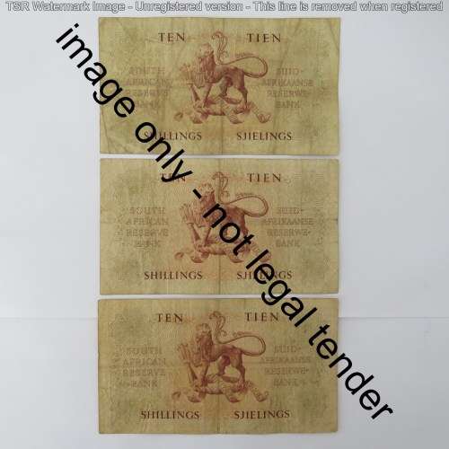 MH de Kock 3rd issue Ten Shillings lot of 6 notes - 1954, 1955, 1956, 1957, 1958, 1959