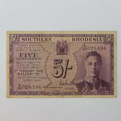 Southern Rhodesia 5 Shilling banknote 1945 VF