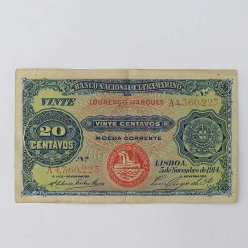 Mozambique 1914 banknote 20 Centavos VF