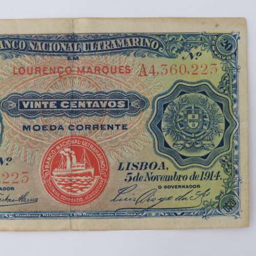 Mozambique 1914 banknote 20 Centavos VF