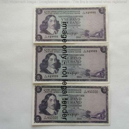 TW de Jongh Lot of 3 x R5 banknotes with consecutive numbers 84998, 849999, 850000 uncirculated