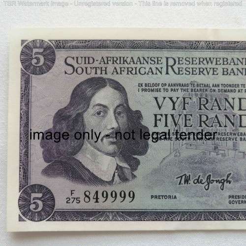 TW de Jongh Lot of 3 x R5 banknotes with consecutive numbers 84998, 849999, 850000 uncirculated