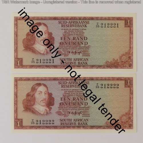 TW de Jongh R1 replacement banknotes uncirculated with very nice numbers Z35 212221 and 212222