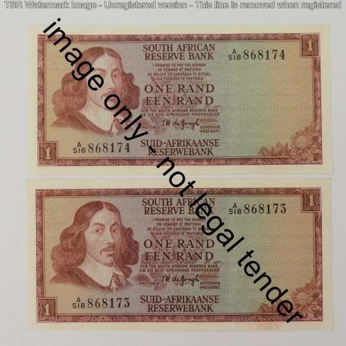 TW de Jongh 1st issue lot of 8 uncirculated R1 notes - Paperclip crease