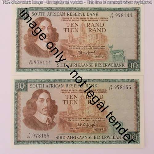 TW de Jongh 3rd issue R10 banknotes - Ending on 00, 11, 22, 33, 44, 55, 66, 77, 88, 99