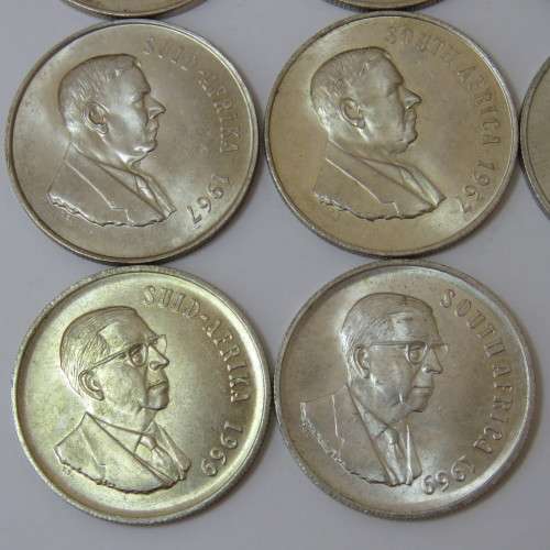 South Africa lot of 8 excellent R1 silver coins in Afrikaans and English - 1966, 1967, 1968, 1969