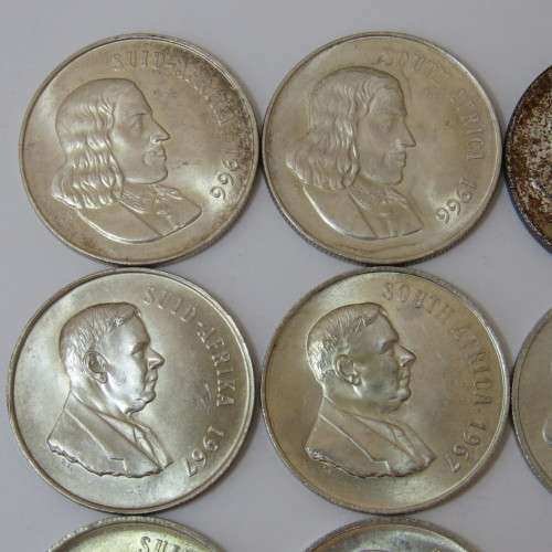 South Africa lot of 8 excellent R1 silver coins in Afrikaans and English - 1966, 1967, 1968, 1969
