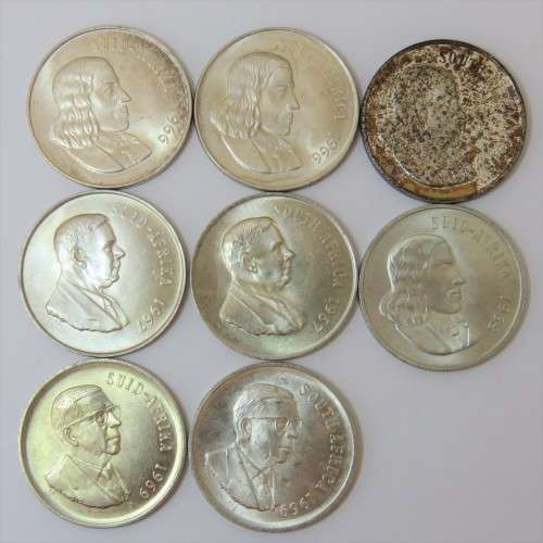 South Africa lot of 8 excellent R1 silver coins in Afrikaans and English - 1966, 1967, 1968, 1969