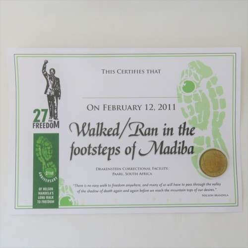 Drakenstein Correctional Facility Walked in the footsteps of Madiba certificate with coin