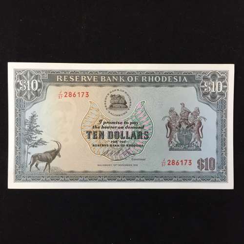 Reserve Bank of Rhodesia Ten dollars 19 November 1975 - Crisp uncirculated - a Top quality banknote