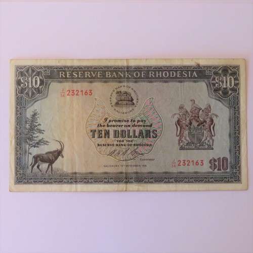 Reserve Bank of Rhodesia Ten Dollars 19 November 1975 - VF