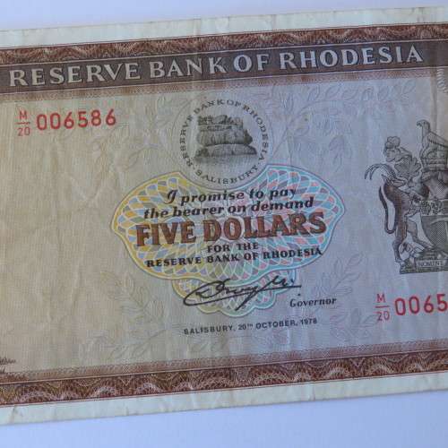 Reserve Bank of Rhodesia Five Dollars 20 October 1978 - VF-