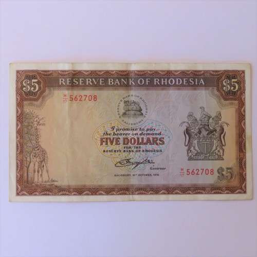 Reserve Bank of Rhodesia Five Dollars 20 October 1978 EF - With Centre fold