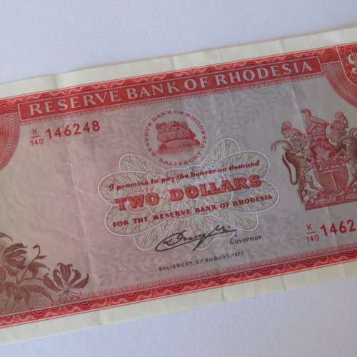 Reserve Bank of Rhodesia Two Dollars 5 August 1977 - Uncirculated with two vertical dents