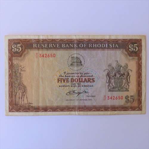 Reserve Bank of Rhodesia Five Dollars 20 October 1978 - aVF