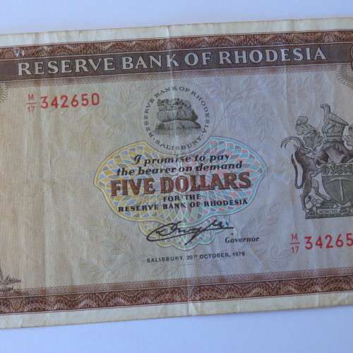 Reserve Bank of Rhodesia Five Dollars 20 October 1978 - aVF