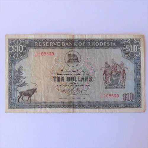Reserve Bank Rhodesia Ten Dollars 15 September 1975 VF