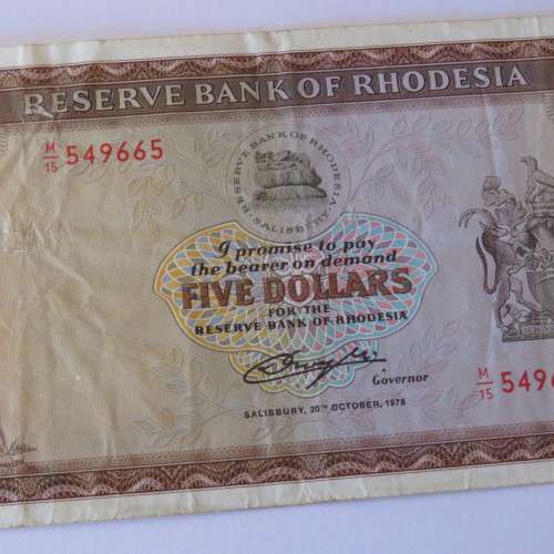 Reserve Bank of Rhodesia Five Dollars 20 October 1978 VF