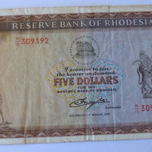 Reserve Bank of Rhodesia Five Dollars 1 March 1976 aVF