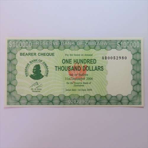 Zimbabwe Bearer cheque 1/6/2006 $100000 uncirculated AD0052980 ZW 64