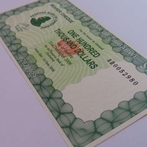 Zimbabwe Bearer cheque 1/6/2006 $100000 uncirculated AD0052980 ZW 64