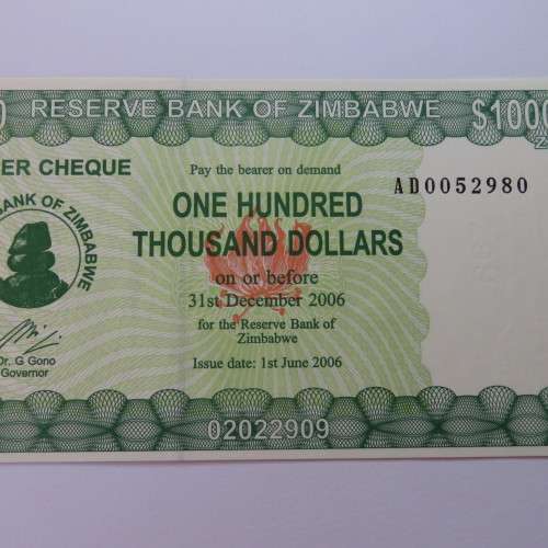 Zimbabwe Bearer cheque 1/6/2006 $100000 uncirculated AD0052980 ZW 64