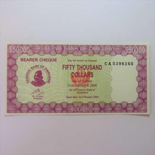 Zimbabwe Bearer cheque 1/2/2006 $50000 uncirculated CA 5398260 ZW 63