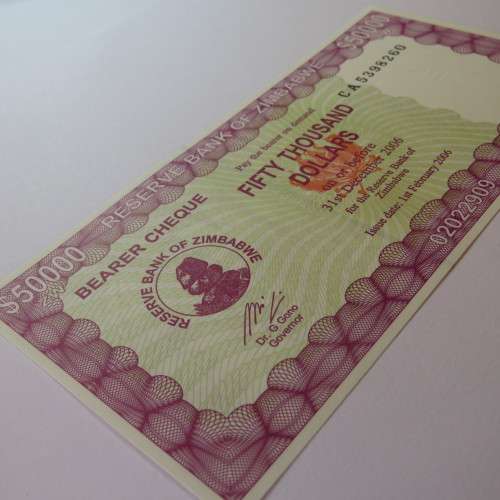Zimbabwe Bearer cheque 1/2/2006 $50000 uncirculated CA 5398260 ZW 63