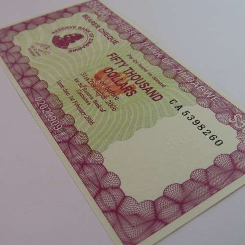 Zimbabwe Bearer cheque 1/2/2006 $50000 uncirculated CA 5398260 ZW 63
