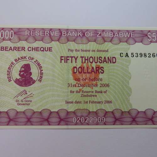 Zimbabwe Bearer cheque 1/2/2006 $50000 uncirculated CA 5398260 ZW 63