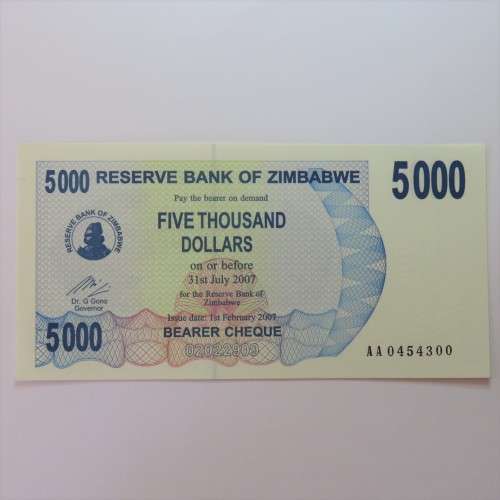 Zimbabwe Bearer cheque issued 1/2/2007 uncirculated $5000 AA0454300 ZW 77