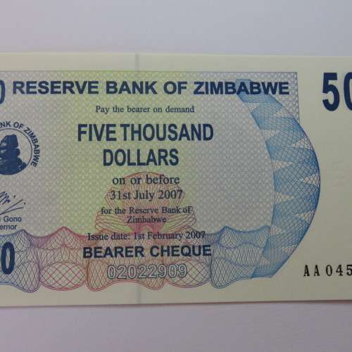 Zimbabwe Bearer cheque issued 1/2/2007 uncirculated $5000 AA0454300 ZW 77