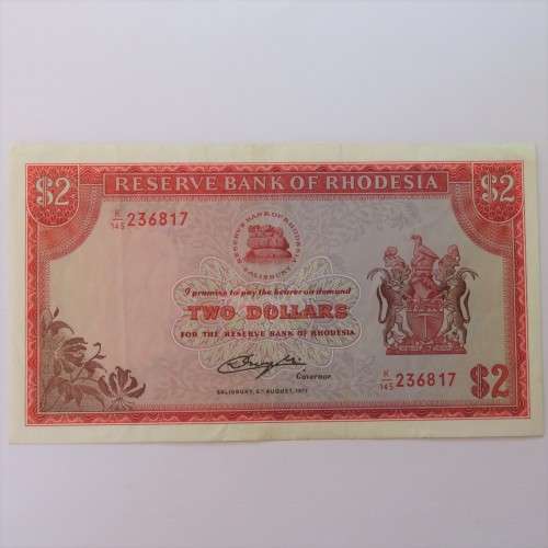 Reserve Bank of Rhodesia Two Dollars 5 August 1977 EF with vertical fold marks