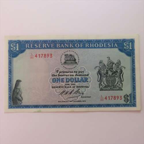 Reserve Bank of Rhodesia One Dollar 15 October 1974 AU+ with crease and small bottom stain