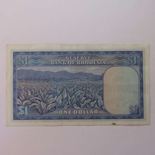 Reserve Bank of Rhodesia One Dollar 15 October 1974 AU+ with crease and small bottom stain