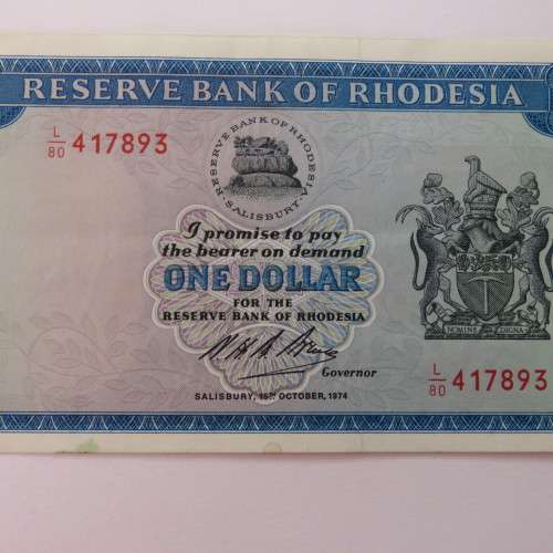 Reserve Bank of Rhodesia One Dollar 15 October 1974 AU+ with crease and small bottom stain