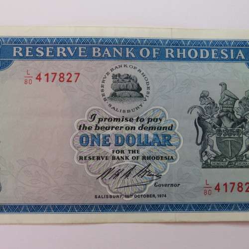 Reserve Bank of Rhodesia One Dollar 15 October 1974 uncirculated - Slight horizontal dent