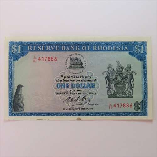 Reserve Bank of Rhodesia One Dollar 13 October 1974 uncirculated with stains on lower rim of note
