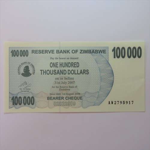 Zimbabwe Bearer cheque 1-8-2006 $100000 AW 2795917